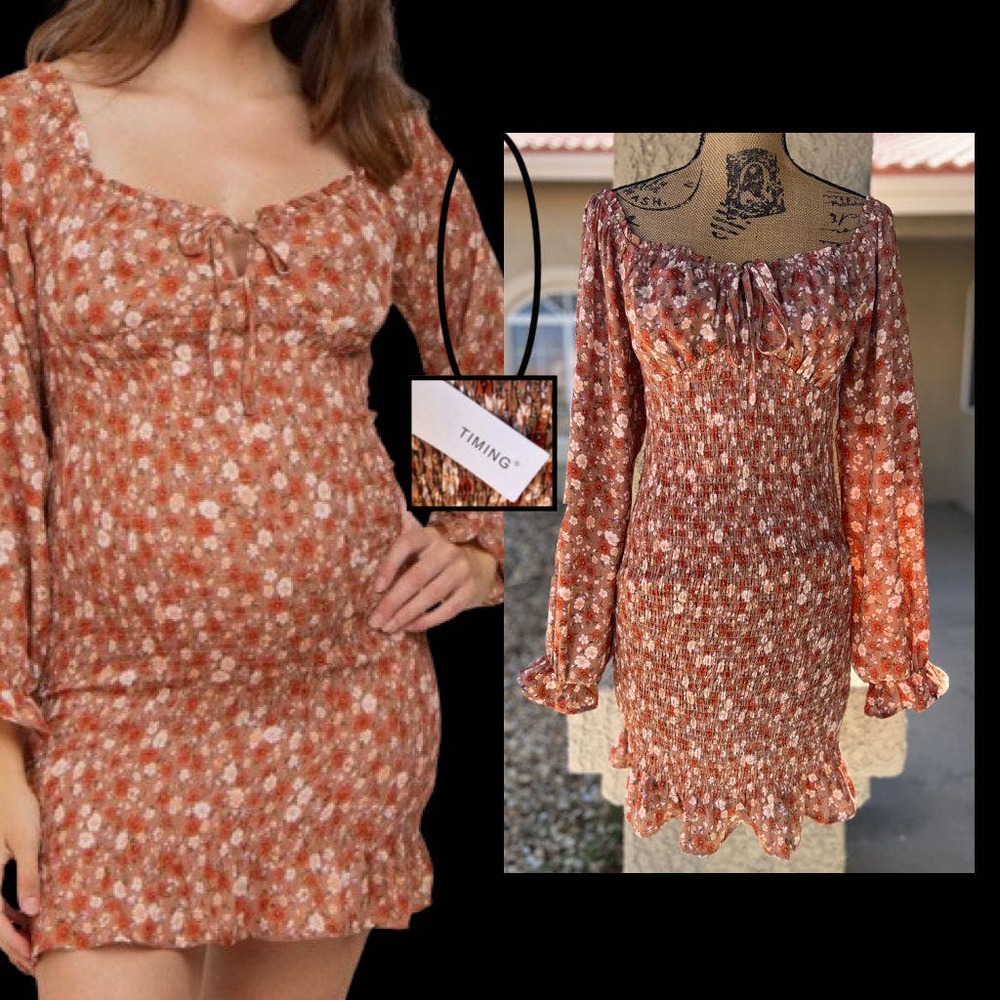 Pinkblush Rust Floral Sweetheart Neck Smocked Long Sleeve Maternity Dress Size L